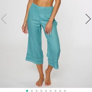 O'Neill Jonette Smocked Waist Capri Pants Teal Linen Large L Crop